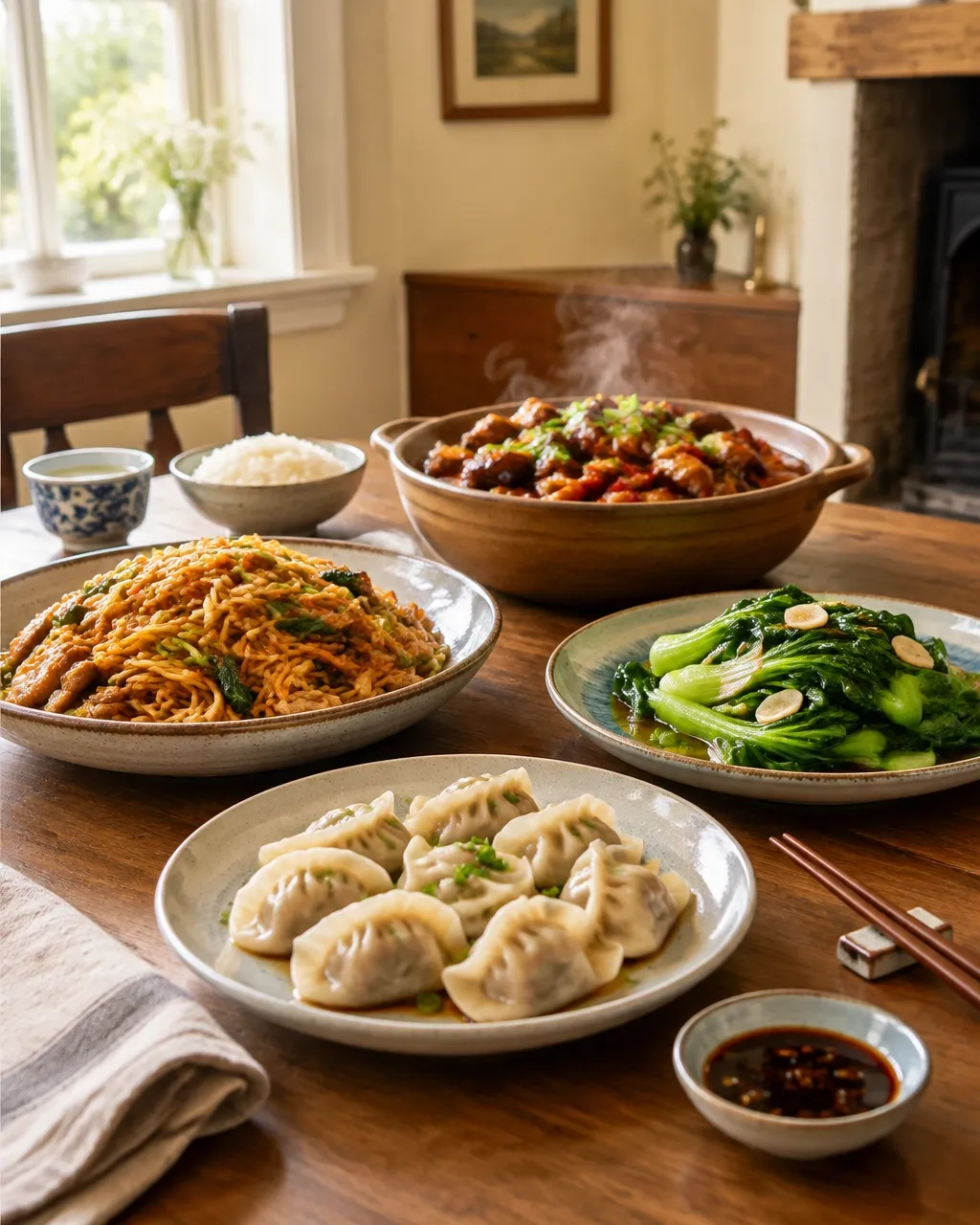 A warm spread of freshly made Chinese dishes, dumplings, noodles and greens on a wooden table