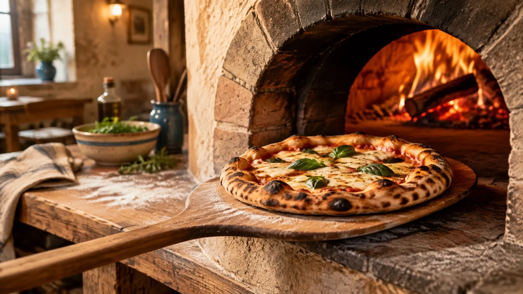 Freshly baked wood-fired pizza on a wooden peel beside a traditional stone oven